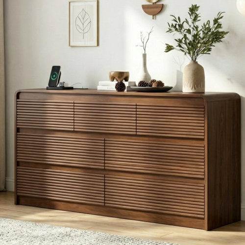 Corrigan Studio® 7 Drawer Dresser for Bedroom, Fluted Dresser with Built-in Charging Station, Walnut Wide Chest of Drawers, Curved Edge Storage Dresser Organizer for Bedroom Living Room | Wayfair