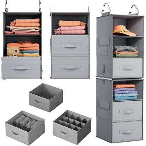 Pipishell 6-Shelf Hanging Closet Organizer, Hanging Shelves with 2 Separable 3-Tier Shelves, Closet Shelves Organizer with 3 Removable Drawers for Wardrobe, Nursery, Baby Clothes Organizer, Gray