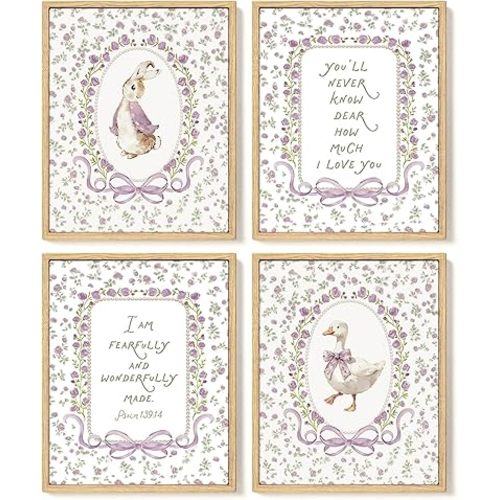 SkyCozy Baby Girl Nursery Decor- Purple Floral Goose Christian Nursery Wall Art Decor, Cottagecore Bunny Poster & Prints Wall Art for Girl Nursery Room Bedroom Decor 8x10Inch Set of 4 (UNFRAMED)