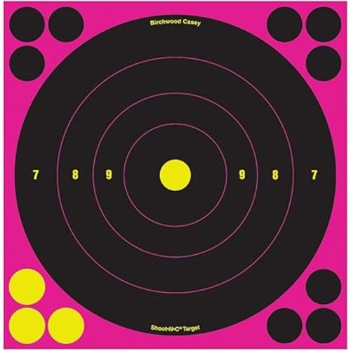 Birchwood Casey Shoot-N-C 8" Pink Bull's-Eye Reactive Targets - Highly Visible Instant Feedback Self-Adhesive Shooting Target Stickers with Repair Pasters - 6 Targets, 72 Repair Pasters
