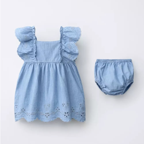 EMBROIDERED DENIM DRESS AND PANTIES - Mid-blue | ZARA United States