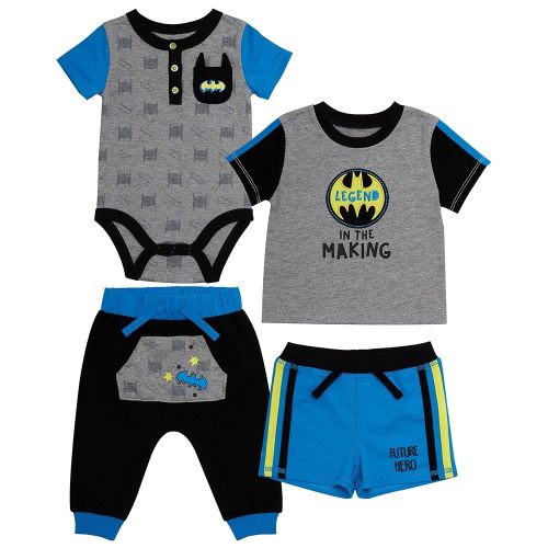 BATMAN Baby Boys 4-Piece Clothing Set | Onepiece Bodysuit, Drawstring Shorts, T-Shirt, Jogging Pants