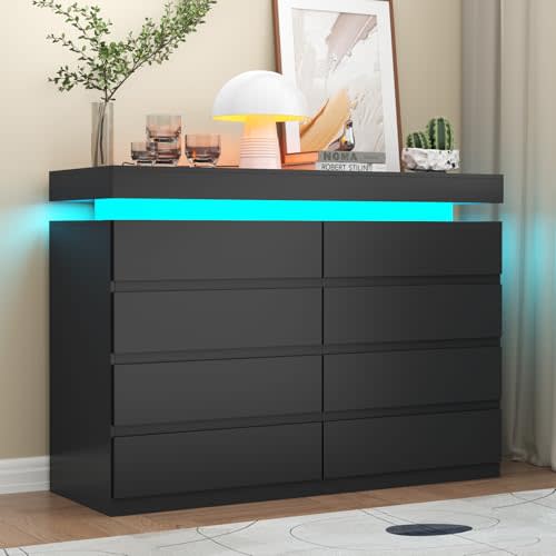 Gyfimoie 8 Drawer Dresser with Power Outlet, Dresser with LED Light, Modern Chest of Drawers for Closet, Double Wide Drawer Organizer Cabinet for Bedroom, Living Room (Black, 8 Drawers)