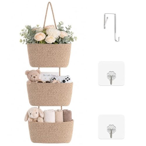 Hanging Baskets for Organizing, Over the Door Decorative Storage Organizer, Nursery Decor Organization, 3-Tier Wall Basket for Entryway Playroom Bathroom Closet, Khaki