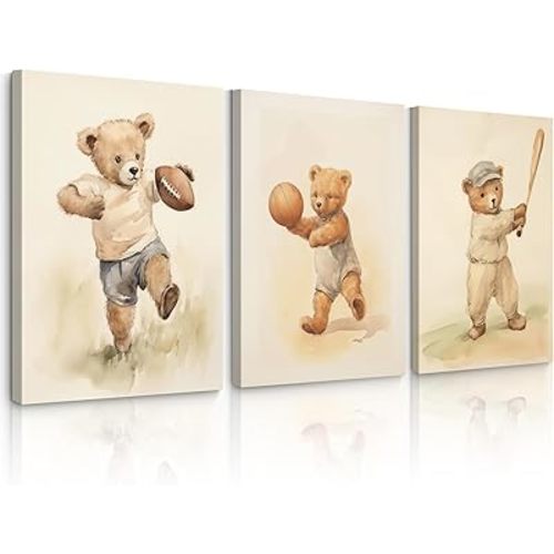 Lhoiplme Nursery Teddy Bear Wall Art Baby Boy Room Canvas Wall Decor Vintage Sports Nursery Pictures Boy Nursery Prints Kids Animal Bear Poster for Playroom Bedroom 12x16 Inch Wrapped Canvas Set of 3
