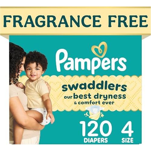 Pampers Swaddlers Diapers, Size 4 (15-34 lbs), 120 Count, Fragrance Free, Hypoallergenic, Absorbent, Pediatrician Recommended, Skin Safe