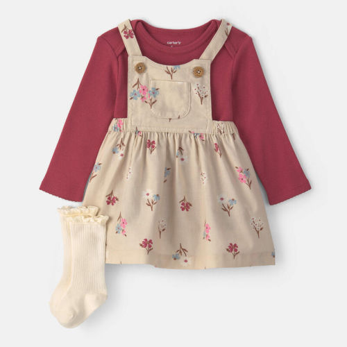 Baby Girl 3-Piece Floral Twill Long-Sleeve Dress Set - Burgundy/Cream | Carter’s Oshkosh Canada