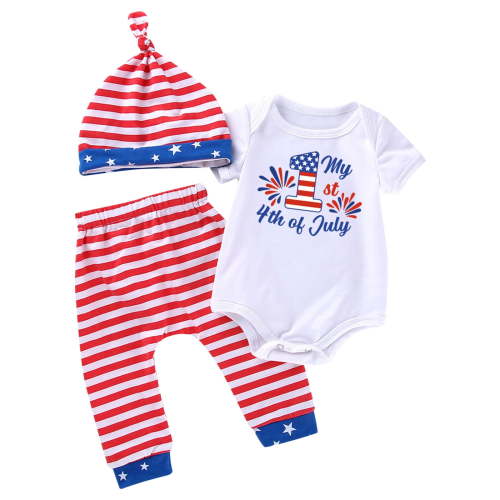 Wxirdiow Toddler Clothing Baby Boy 4th of July Outfit Cute Letter Short Sleeve Romper Stars and Stripes Pants Hat Infant Summer Clothes Red Size,9-12 Months