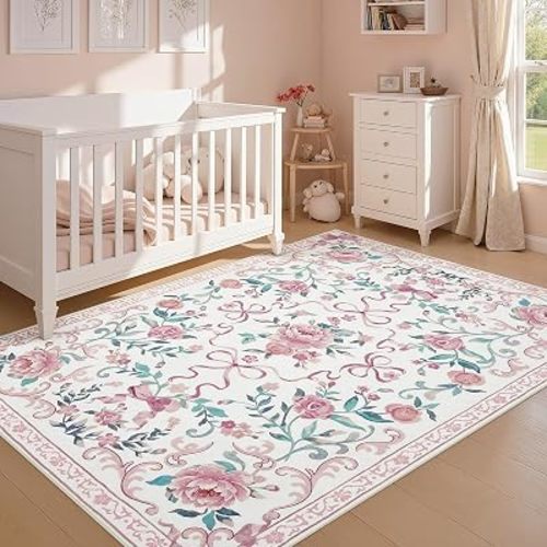 Joydeco 5x7 Washable Cute Bow Pink Floral Nursery Girls Bedroom Area Rug