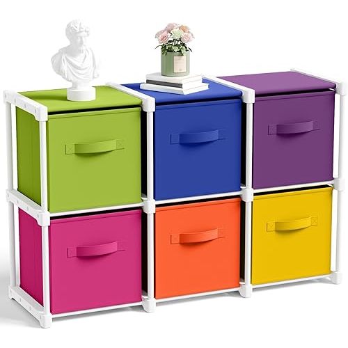6 Cube Storage Organizer with Shelf 11x11 Inch Toy Box Collapsible Storage Cabinet Drawers Fabric Closet Organizers for Home Bedroom Playroom Toys Clothes Books (Multicolor)