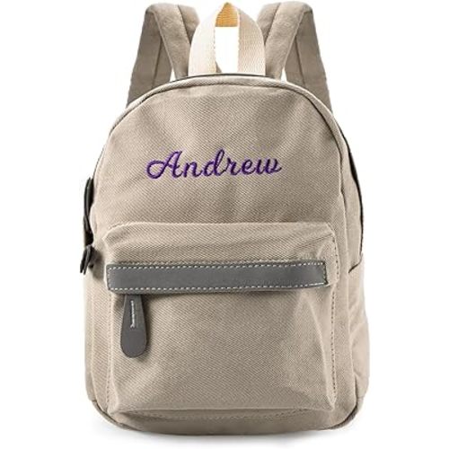 MT WORLD Daycare Backpack - Personalized Canvas Backpack with Name - Classic 12inch Daypack with Back Pocket - Custom Daycare Diapering Bag for Overnight Travel Birthday Gifts (Stone Gray, Medium)