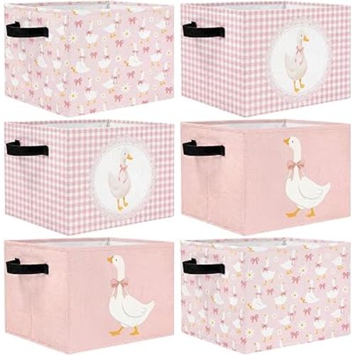 CHENGU 6 Pack Pink Bow Goose Storage Bin Collapsible Cute Goose Basket for Gifts Plaid Spring Holiday Decor Large Geese Box Checkered Foldable Laundry Hamper with Handle for Nursery Bedroom Girls Home