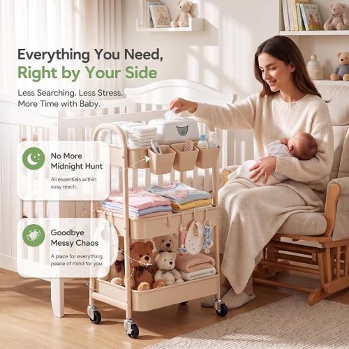 Beige 3 Tier Rolling Cart Metal with Wheels,Tan Three Tiered Bedside Carts
