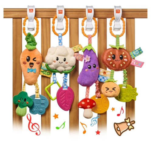 TUMAMA Hanging Vegetable Plush Toy Set, 4 Different Vegetable Crib Stroller Toys, Early Baby Cognitive Sensory Rattle Hanging Toy with Teether. Suitable for Babies 0, 3, 6, 9, 12 Months