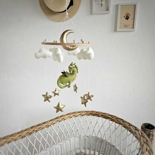 Dragon baby mobile, Dragon nursery baby mobile, Fantasy baby nursery, Golden moon and stars, Baby shower gift, Hanging cot mobile