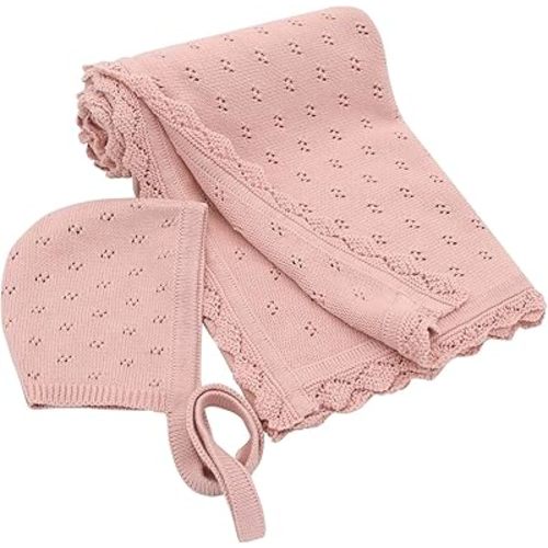 LifeTree Knit Baby Blanket & Hat, 100% Cotton Soft Swaddle & Receiving Blanket for Toddler, Lightweight & Breathable Newborn Blanket Unisex for Crib, Stroller, 31X40 Inches, Shower Registry Gift,Pink