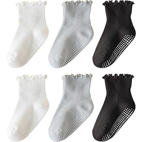 ANYANIME 6 Pairs Toddler Ruffle Socks for Girls Baby Grip Socks Non Slip Socks Cute Grippy Frilly