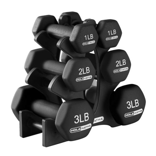 HolaHatha 1, 2, and 3 Pound Neoprene Dumbbell Weight Set with Storage Rack Stand, Ideal Strength Training Home Gym Workout Equipment for Muscle Toning