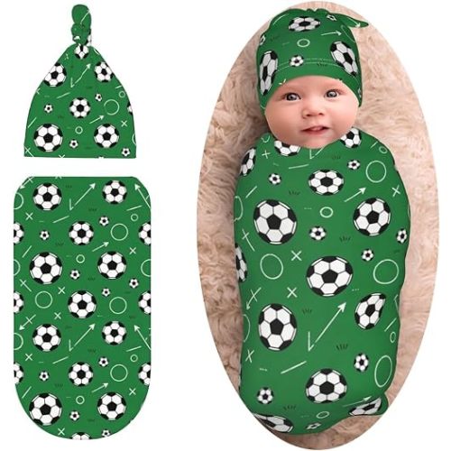 Soccer Print Baby Stuff Swaddle Blanket with Beanie Hat, Newborn Swaddling Blanket Outfit Infant Shower Gift for Boys Girls
