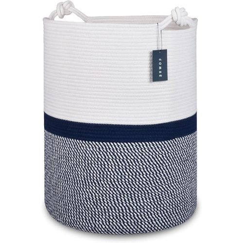 COMSE Extra Large Blanket Basket, Tall Woven Storage Basket, Nursery Hamper, 15.7”x 21.7”, Cotton Rope Laundry Hamper for Toys Clothes Towels, Blend White/Navy Blue