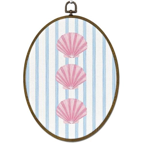 LLOKARNORA Coastal Preppy Seashell Oval Canvas Wall Art, Pink Blue Beach Seashell Framed Wall Art Decor, Coquette Ocean Striped Prints Hanging Decor for Girls Nursery Bedroom Bathroom, 8.7x11.3 Inch