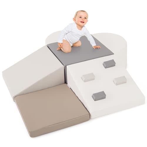 Olakids Climbing Toys for Toddlers, 6 Pieces Baby Foam Blocks Soft Play Set with PU Leather, Indoor Kids Climb and Crawl Sliding Activity Structure Gym Playground Climber (Gray)