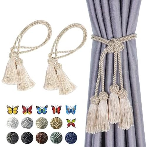 2 Pack Curtain Tassel Tiebacks, Curtains Tie Back Rope with Tassels, Handmade Decorative Curtain Holdbacks for Window Drapes - Beige