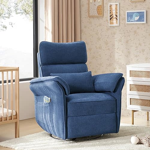 HULALA HOME Nursery Glider Recliner with Adjustable Headrest and Armrests, Power Swivel Rocker Recliner Chair with USB Port and Storage Bags, GREENGARD, FSC, CertiPUR-US® Certified, Navy