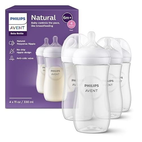 Philips Avent Natural Baby Bottles with Natural Response Nipples (Medium Flow, Flow 3), 9oz, 4-Pack, SCY903/04