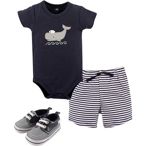 Hudson Baby Unisex Baby Cotton Bodysuit, Shorts and Shoe Set