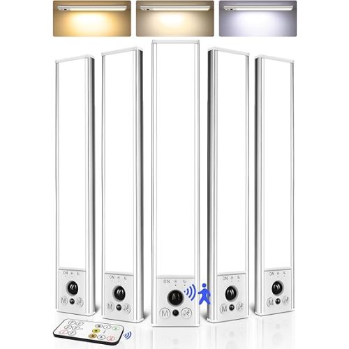 EZVALO 5-Pack Under Cabinet Lighting, 2400mAh Rechargeable Motion Sensor Light, 10inch Magnetic Closet Lights with Dimmable & 3 Color Temps, Wireless Motion Activated Lights with Remote for Kitchen