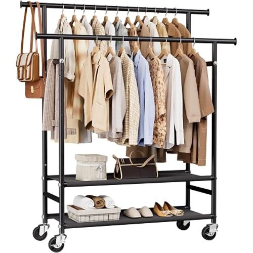 HYSEYY Clothes Rack,Double Rods Rolling Clothing Rack for Hanging Clothes,Portable Garment Rack with 2-Tier Storage Shelves,Free Standing Wardrobe Closet Coat Rack on wheels for Bedroom,Laundry Room