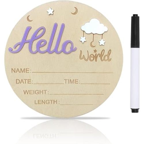 Baby Announcement Sign, ​5.9 Inch Wooden Hello World Newborn Signs, Birth Announcement Sign, Cloud and Stars Decoration, Welcome Newborn Arrival To World, Hospital Nursery for Baby (Purple)