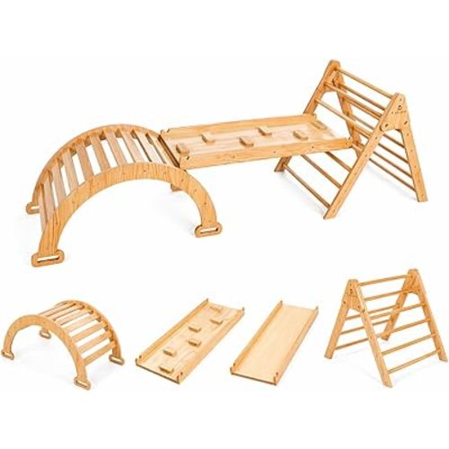 Avenlur Hazel 5-in-1 Indoor Climbing Gym - Waldorf and Montessori Climbing Set with Triangle Ladder, Climbing Ramp, Arch Climber, Rocker, and Slide - Montessori Toys for Children 18mo to 7yr (Natural)