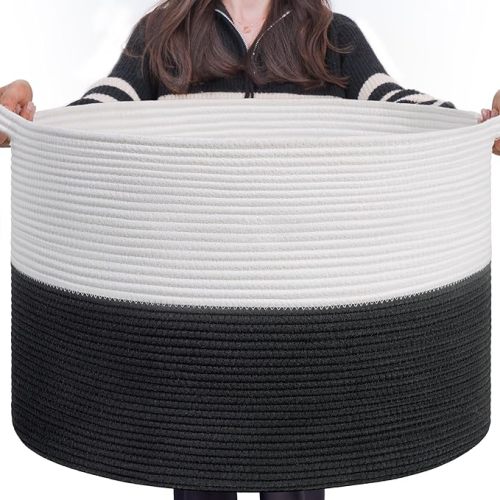 INDRESSME Large Cotton Rope Baskets for Storage, 21.7 x 13.8 Blanket Storage for Living Room Toy Baskets Kids, Baby Laundry Basket for Dirty Clothes, Pillows, 90L White & Black