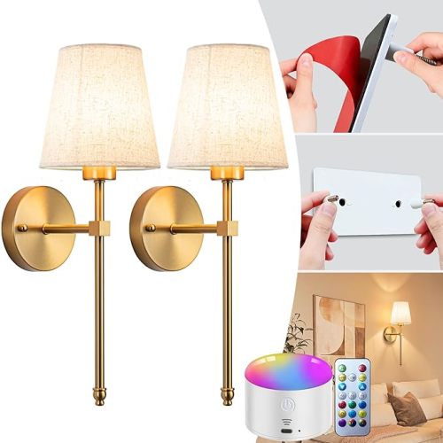 Battery Operated Wall Sconce Set Of Two with Remote Control, Indoor Not Hardwired Dimmable Battery Operated Wall Sconce Light Fixture with Fabric Linen Shade For Bedroom Living Room, Bulb Included ( C