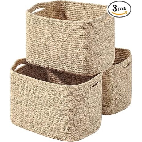 ICERZCZ Decorative Storage Baskets for Organizing Shelves, Toy Basket for Nursery, Woven Cotton Rope Baskets for Decor, Towel Basket for Bathroom, 15"x11"x9.5", 3 Packs, Brown
