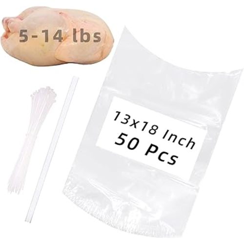 Poultry Shrink Bags,50 Pack 13x18Inches Clear Poultry Heat Shrink Wrap Freezer with 50 Zip Ties,a Silicone Straw for Chickens,Rabbits