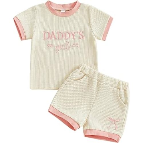 Kupretty Toddler Baby Girl Clothes 3 6 12 18 24 Month 2T 3T Summer Waffle Outfit Embroidery Daddy's Girl Shirts + Shorts Set