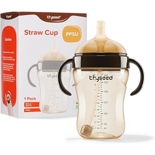 thyseed PPSU Weighted Straw Cup with Handles Toddlers Transition Bottles to Sippy Cups No Spill Learner Milk Water Baby Bottle Soft Silicone Spout Dishwasher Safe BPA Free 6+ Months 10oz/300mL 1 Pack