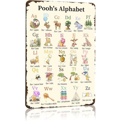 Funny Pooh Bear Alphabet Wall Decor for Baby Shower Birthday Decorations Abc Learning Metal Tin Sign for Baby Room Cute Winnie Bear Alphabet Decor 7 X 10.5 Inches