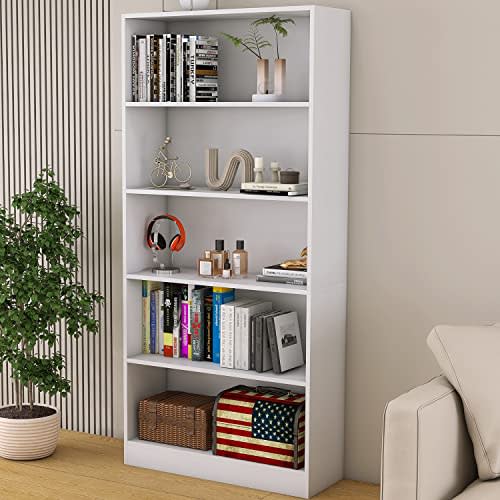 Bookshelves and Bookcases Floor Standing Tall Bookcase 5 Tier Display Storage Shelves Tall Bookcase Home Decor Furniture for Home Office(White 11.8" D x 31.5" W x 67.9" H)