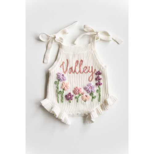 Custom Baby Ruffle Romper: Hand Embroidered Personalized Newborn Tie Onesie