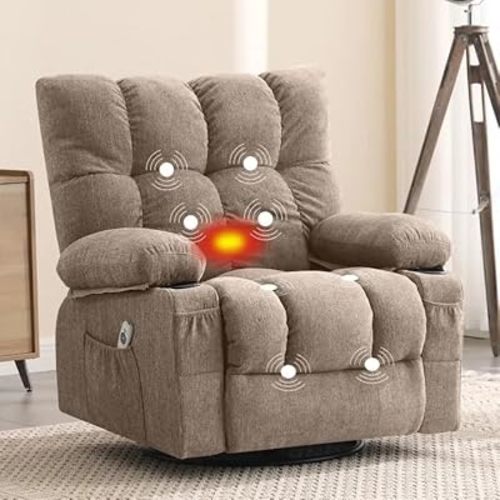 Oversized Massage Swivel Recliner Chair with Lumbar Heating for Living Room Rocker Recliner Single Sofa with Side Pocket, Cup Holders and USB Charge Port for Adult