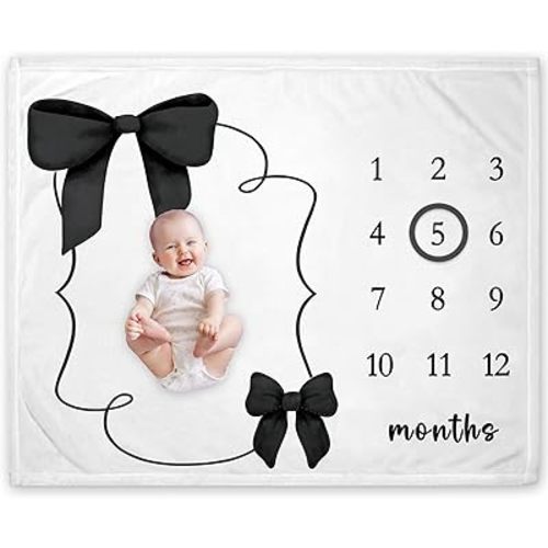 Yuzioey Black Bow Milestone Blanket for Girl Boy, Bowknot Baby Growth Chart Monthly Blanket, Watch Me Grow Girl Baby Nursery for New Moms Shower(50"x40")