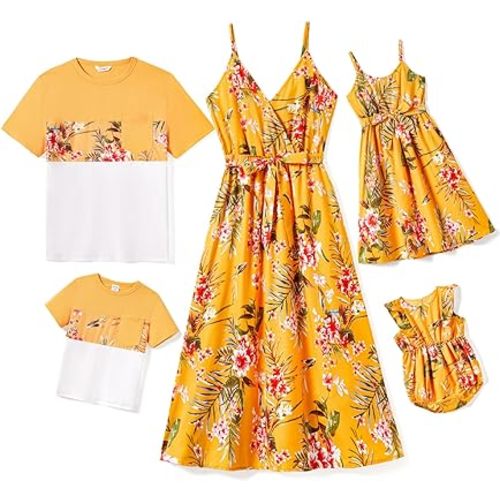 PATPAT Family Matching Outfits Mommy and Me Dresses Hawaiian Tropical Vacation Beach Spaghetti Strap Dress and Shirt