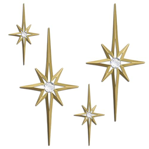 sxnzequnze 4 Pcs Star Wall Art for Home Decor Living Room Bedroom Office Metal 3D,Bling,with Hanging Hook Starburst Midcentury Sculpture Retro Gallery Accent Celestial -Gold 16.5in/9.4in