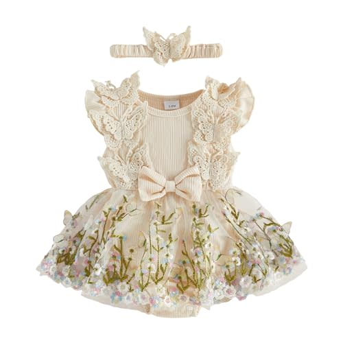 Douhoow Baby Girl Dress Romper Baby Romper Dress Flowers Embroidery Tulle Skirt Infant Girl Summer Clothes with Headband