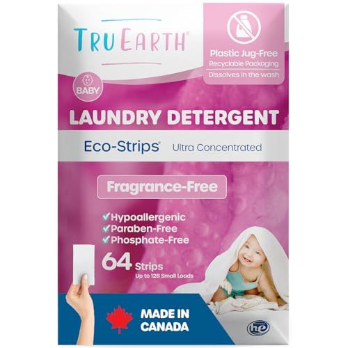 Tru Earth Hypoallergenic Baby Laundry Detergent Sheets/Strips for Sensitive Skin, 64 Count, Up to 128 Loads: Fragrance Free Baby Detergent Laundry Newborn, Children, Baby Clothes