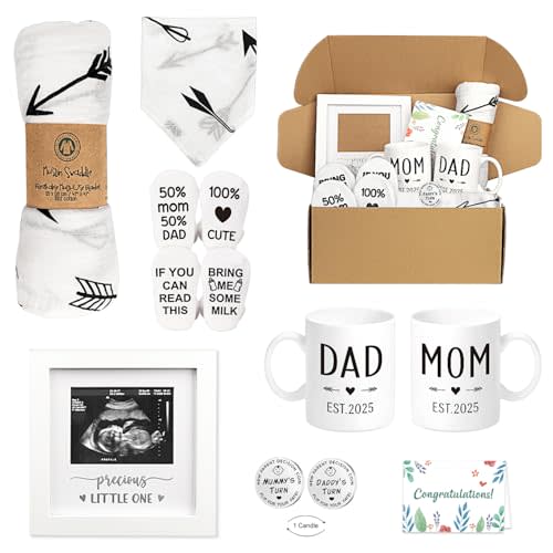 Pregnancy Gifts for New Parents Est 2025- New Mom Gifts Basket for Pregnancy Announcement, Baby Shower - Mom & Dad Mugs, Decision Coin, Ultrasound Frame, Swaddle Blanket, Bib, Socks
